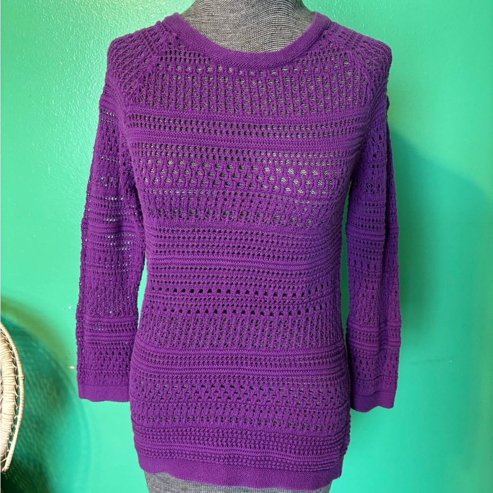 LOFT Purple Crew Neck Sweater with Intricate Knit Patterns